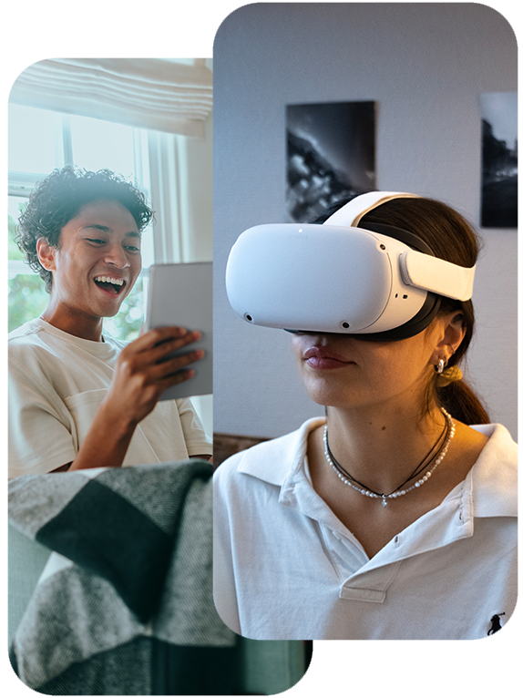 Simli VR young woman wearing meta quest 3 headset and boy using Simli VR app on tablet